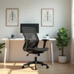 Cadeira ergonômica ajustável posicionada em estação de trabalho organizada