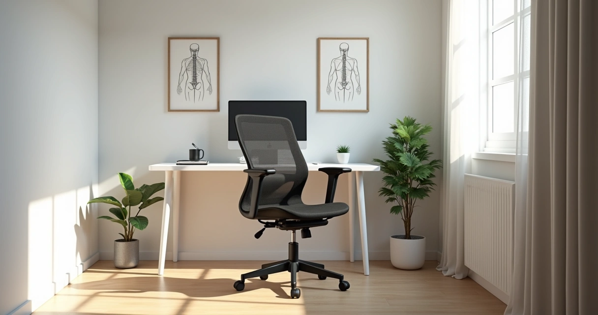 Cadeira ergonômica ajustável posicionada em estação de trabalho organizada