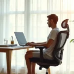 Pessoa trabalhando em cadeira ergonômica de tecido ventilado em escritório iluminado