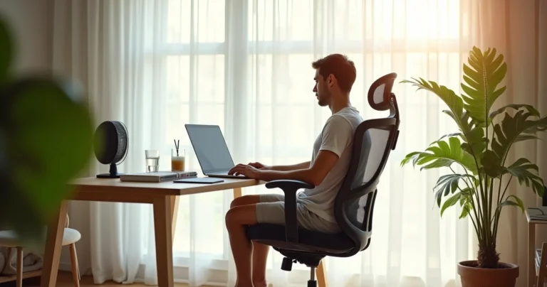 Pessoa trabalhando em cadeira ergonômica de tecido ventilado em escritório iluminado