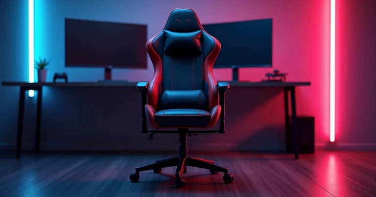 Cadeira gamer ergonômica reclinada em ambiente escuro com destaques nos ajustes lombar e de braço