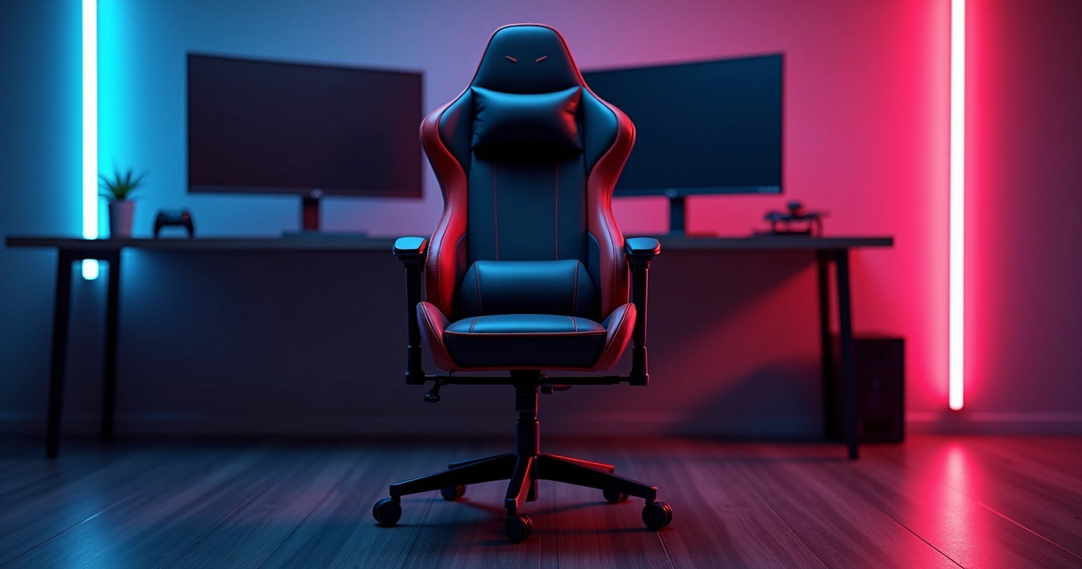 Cadeira gamer ergonômica reclinada em ambiente escuro com destaques nos ajustes lombar e de braço
