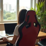 Estudante comparando cadeira gamer e cadeira de escritório em frente à escrivaninha