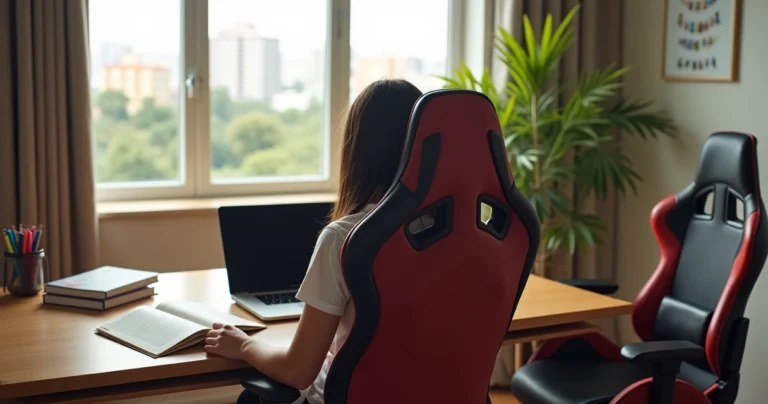 Estudante comparando cadeira gamer e cadeira de escritório em frente à escrivaninha