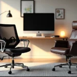 Cadeiras ergonômicas de mesh e couro lado a lado em escritório moderno