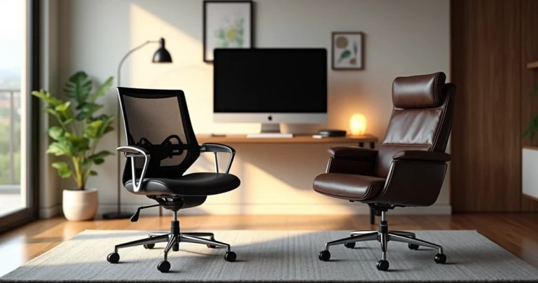 Cadeiras ergonômicas de mesh e couro lado a lado em escritório moderno