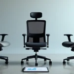 Três cadeiras ergonômicas diferentes alinhadas em fundo neutro com destaque para ajustes e suporte lombar