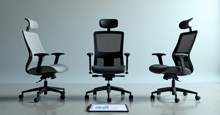 Três cadeiras ergonômicas diferentes alinhadas em fundo neutro com destaque para ajustes e suporte lombar
