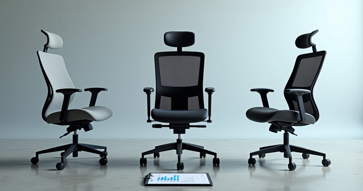 Três cadeiras ergonômicas diferentes alinhadas em fundo neutro com destaque para ajustes e suporte lombar