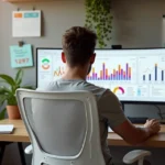 Ambiente de home office com cadeira ergonômica e gráficos de produtividade ao fundo