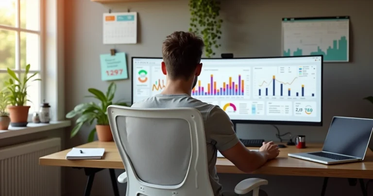 Ambiente de home office com cadeira ergonômica e gráficos de produtividade ao fundo