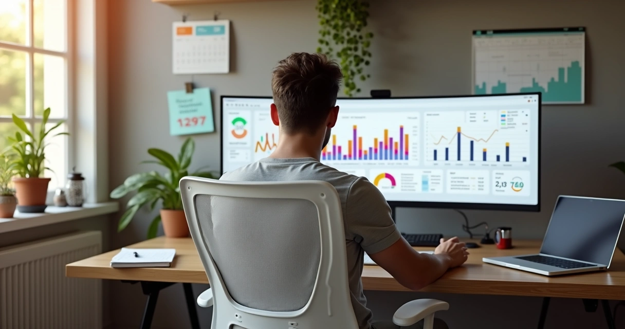 Ambiente de home office com cadeira ergonômica e gráficos de produtividade ao fundo