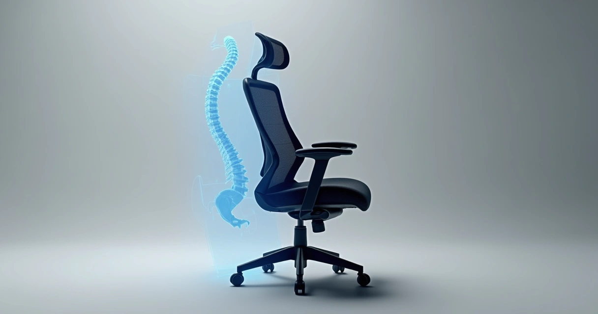 Cadeira ergonômica com destaque para apoio lombar alinhado à coluna em ambiente neutro